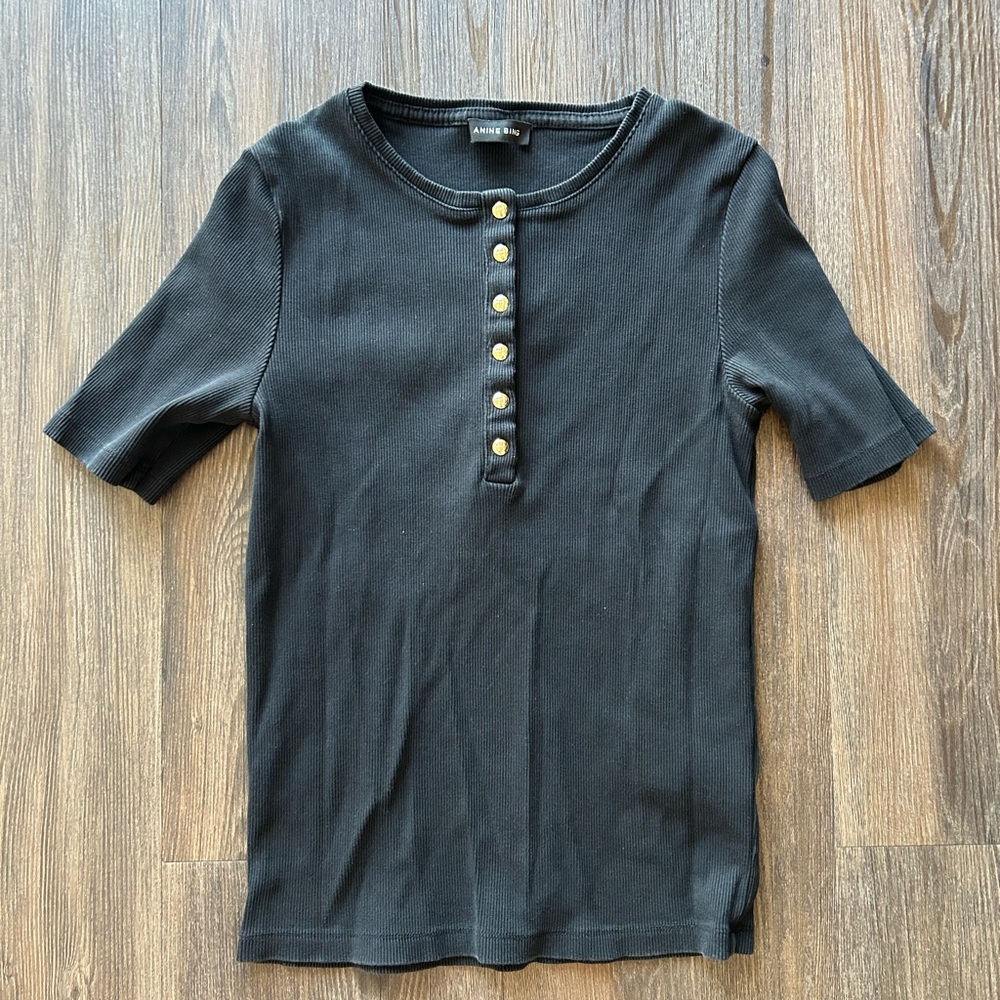 ANINE BING WOMENS BLACK SHKRT SLEEVE ALESSIA TOP TEE BLOUSE SIZE LARGE GOLD